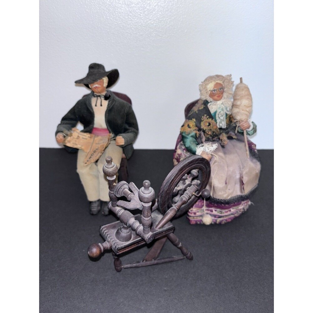Antique French Dolls With Wood Spinning Wheel